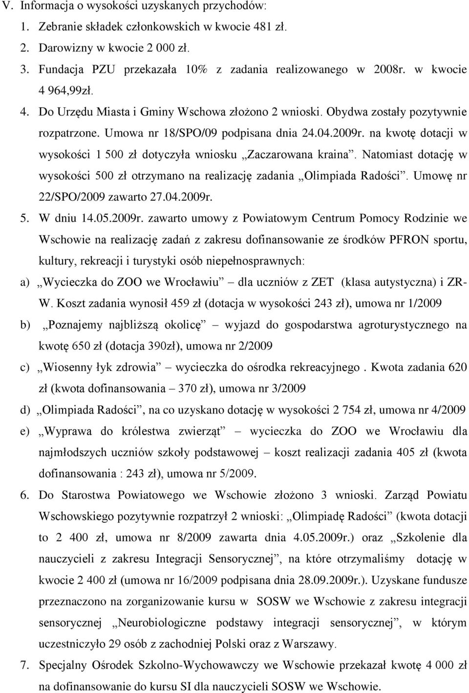 na kwotę dotacji w wysokości 1 500 zł dotyczyła wniosku Zaczarowana kraina. Natomiast dotację w wysokości 500 zł otrzymano na realizację zadania Olimpiada Radości. Umowę nr 22/SPO/2009 zawarto 27.04.