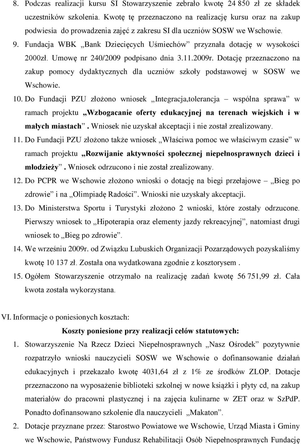 Fundacja WBK Bank Dziecięcych Uśmiechów przyznała dotację w wysokości 2000zł. Umowę nr 240/2009 podpisano dnia 3.11.2009r.