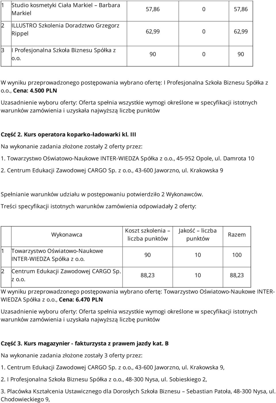 III Na wykonanie zadania złożone zostały 2 oferty przez: 1. Towarzystwo Oświatowo-Naukowe INTER-WIEDZA Spółka z, 45-952 Opole, ul. Damrota 10 2. Centrum Edukacji Zawodowej CARGO Sp.