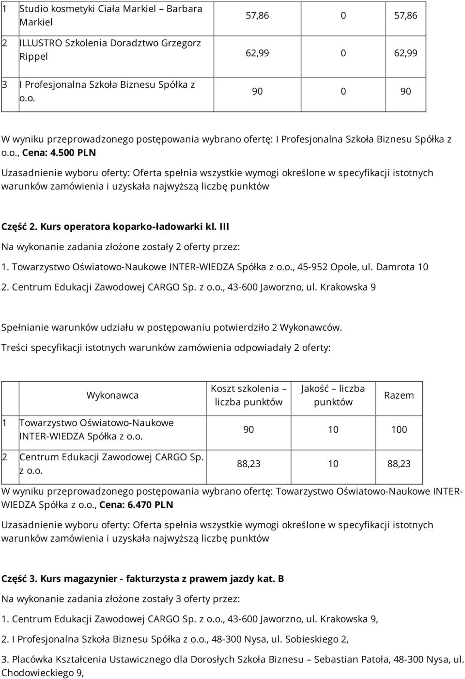 III Na wykonanie zadania złożone zostały 2 oferty przez: 1. Towarzystwo Oświatowo-Naukowe INTER-WIEDZA Spółka z, 45-952 Opole, ul. Damrota 10 2. Centrum Edukacji Zawodowej CARGO Sp.