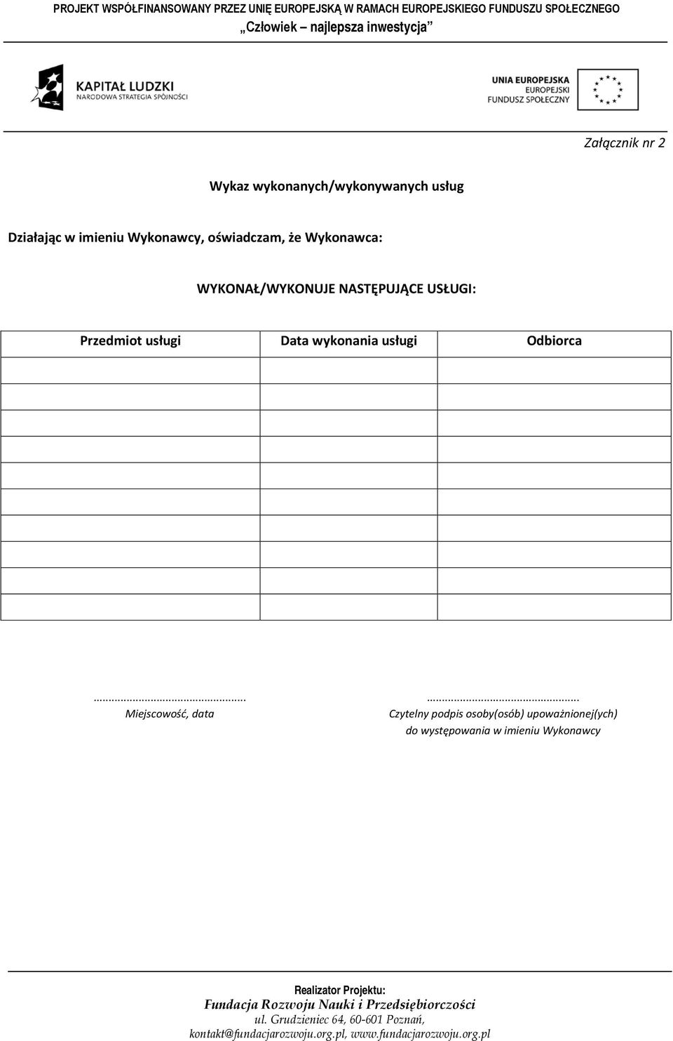 Przedmiot usługi Data wykonania usługi Odbiorca.