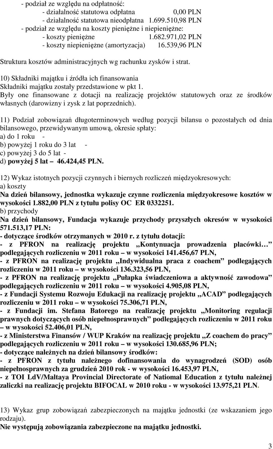 539,96 PLN Struktura kosztów administracyjnych wg rachunku zysków i strat. 10) Składniki majątku i źródła ich finansowania Składniki majątku zostały przedstawione w pkt 1.