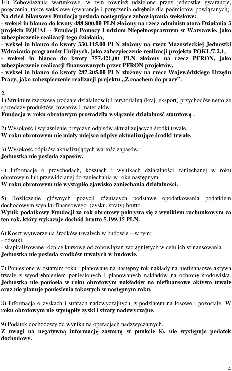 800,00 PLN złożony na rzecz administratora Działania 3 projektu EQUAL - Fundacji Pomocy Ludziom Niepełnosprawnym w Warszawie, jako zabezpieczenie realizacji tego działania, - weksel in blanco do