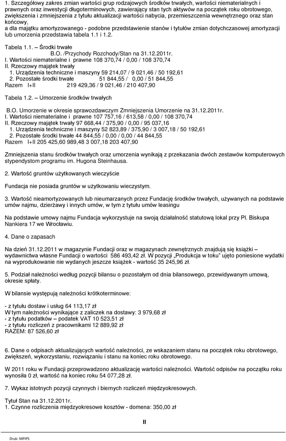 zmian dotychczasowej amortyzacji lub umorzenia przedstawia tabela 1.1 i 1.2. Tabela 1.1. Środki trwałe B.O. /Przychody Rozchody/Stan na 31.12.2011r. I.