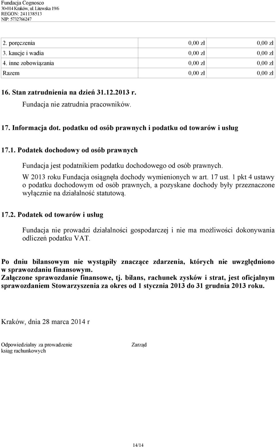 W 2013 Fundacja osiągnęła dochody wymienionych w art. 17 ust. 1 pkt 4 ustawy o podatku dochodowym od osób prawnych, a pozyskane dochody były przeznaczone wyłącznie na działalność statutową. 17.2. Podatek od towarów i usług Fundacja nie prowadzi działalności gospodarczej i nie ma możliwości dokonywania odliczeń podatku VAT.