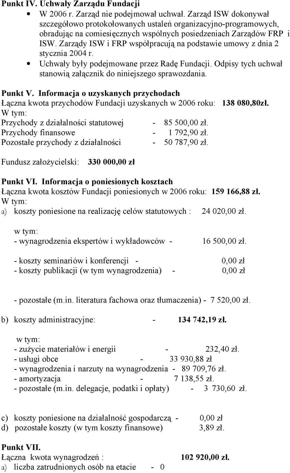 Zarządy ISW i FRP współpracują na podstawie umowy z dnia 2 stycznia 2004 r. Uchwały były podejmowane przez Radę Fundacji. Odpisy tych uchwał stanowią załącznik do niniejszego sprawozdania. Punkt V.