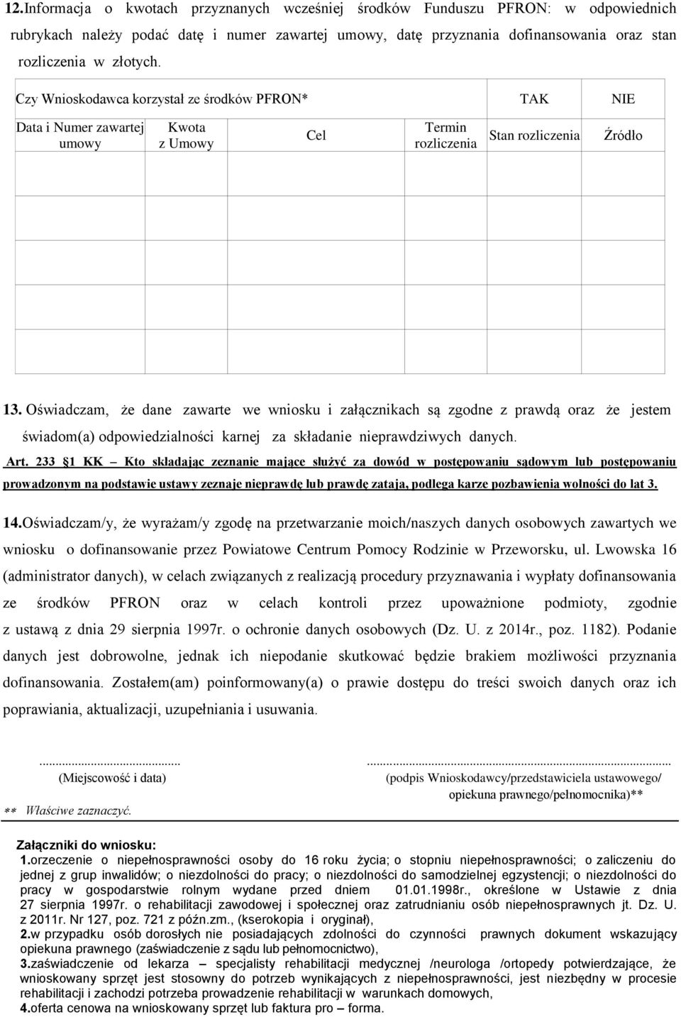 Oświadczam, że dane zawarte we wniosku i załącznikach są zgodne z prawdą oraz że jestem świadom(a) odpowiedzialności karnej za składanie nieprawdziwych danych. Art.