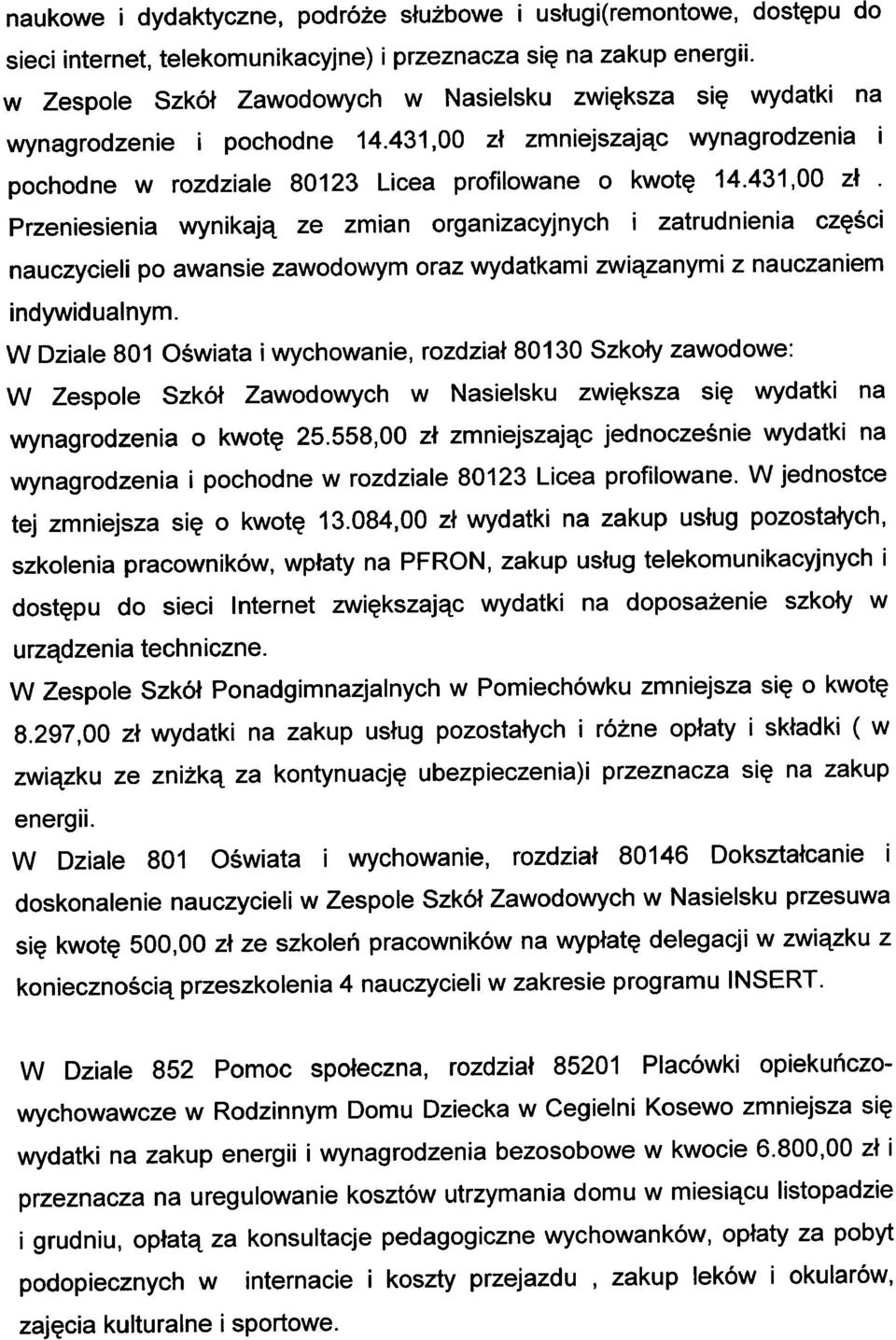 431,00 zł Przeniesienia wynikają ze zmian organizacyjnych i zatrudnienia części nauczycieli po awansie zawodowym oraz wydatkami związanymi z nauczaniem indywidualnym.