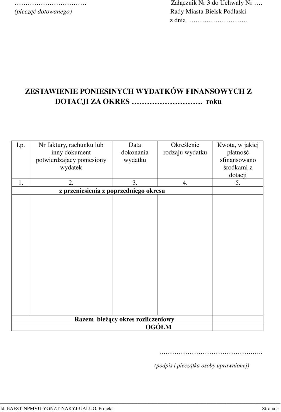 Nr faktury, rachunku lub inny dokument potwierdzający poniesiony wydatek Data dokonania wydatku Określenie rodzaju wydatku