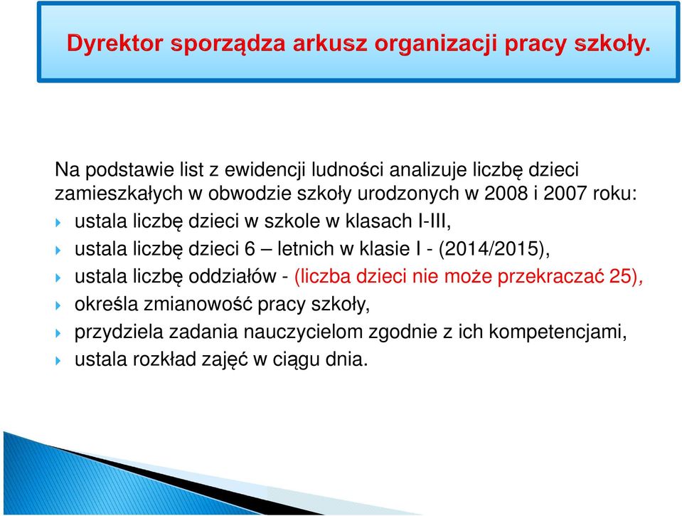 I - (2014/2015), ustala liczbę oddziałów - (liczba dzieci nie może przekraczać 25), określa zmianowość