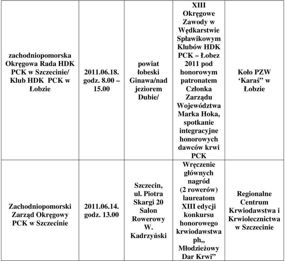 Kadrzyński XIII Okręgowe Zawody w Wędkarstwie Spławikowym Klubów HDK Łobez 2011 pod honorowym patronatem Członka Zarządu Województwa Marka Hoka, integracyjne