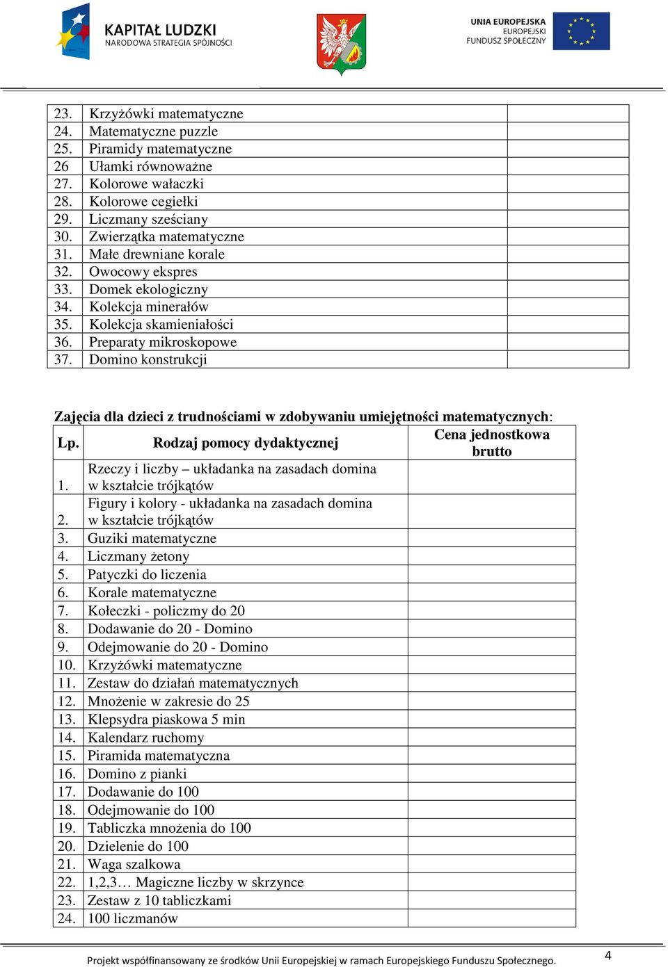 Domino konstrukcji Zajęcia dla dzieci z trudnościami w zdobywaniu umiejętności matematycznych: Rodzaj pomocy dydaktycznej Cena jednostkowa 1.