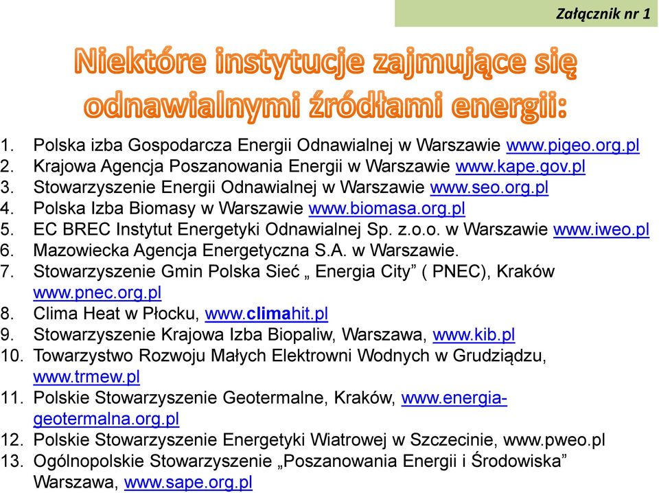 Mazowiecka Agencja Energetyczna S.A. w Warszawie. 7. Stowarzyszenie Gmin Polska Sieć Energia City ( PNEC), Kraków www.pnec.org.pl 8. Clima Heat w Płocku, www.climahit.pl 9.