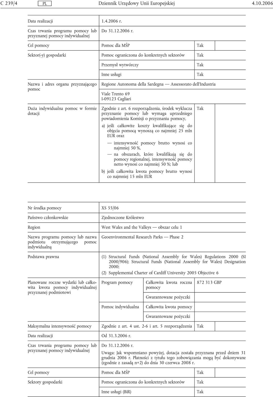 Cel y Pomoc dla MŚP Sektor(-y) gospodarki Pomoc ograniczona do konkretnych sektorów Przemysł wytwórczy Inne usługi e Autonoma della Sardegna Assessorato dell'industria Viale Trento 69 I-09123