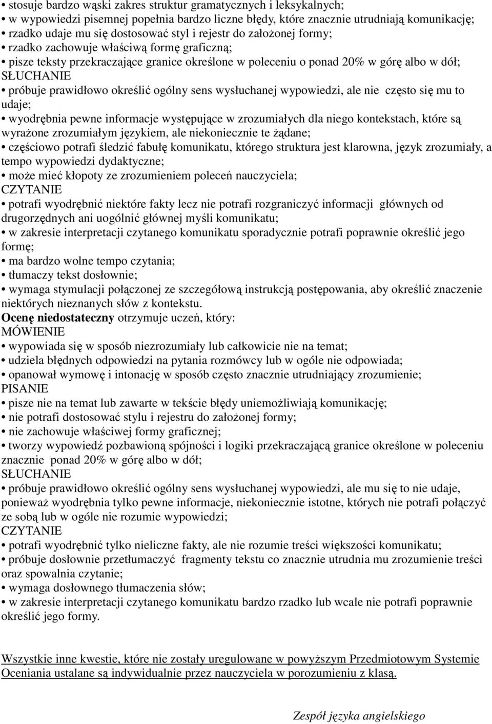 wysłuchanej wypowiedzi, ale nie często się mu to udaje; wyodrębnia pewne informacje występujące w zrozumiałych dla niego kontekstach, które są wyraŝone zrozumiałym językiem, ale niekoniecznie te