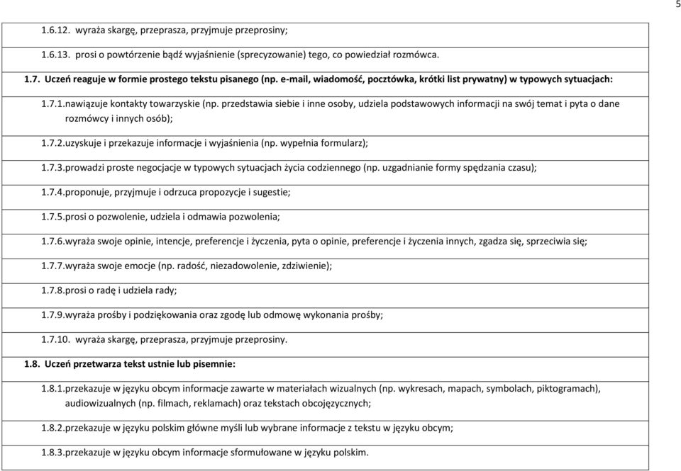 przedstawia siebie i inne osoby, udziela podstawowych informacji na swój temat i pyta o dane rozmówcy i innych osób); 1.7.2. uzyskuje i przekazuje informacje i wyjaśnienia (np. wypełnia formularz); 1.