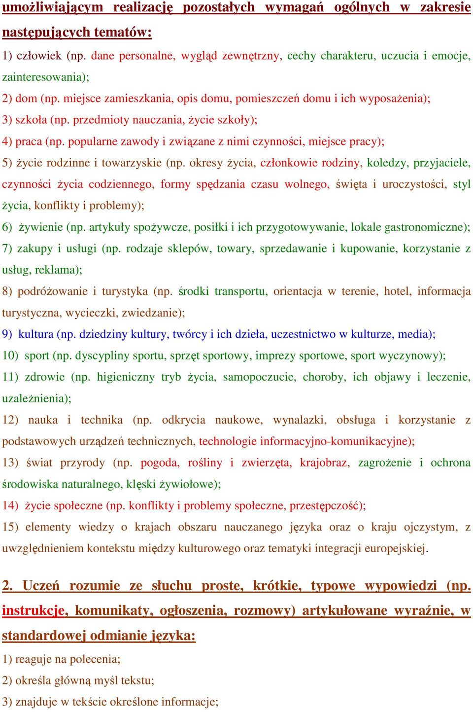 przedmioty nauczania, Ŝycie szkoły); 4) praca (np. popularne zawody i związane z nimi czynności, miejsce pracy); 5) Ŝycie rodzinne i towarzyskie (np.