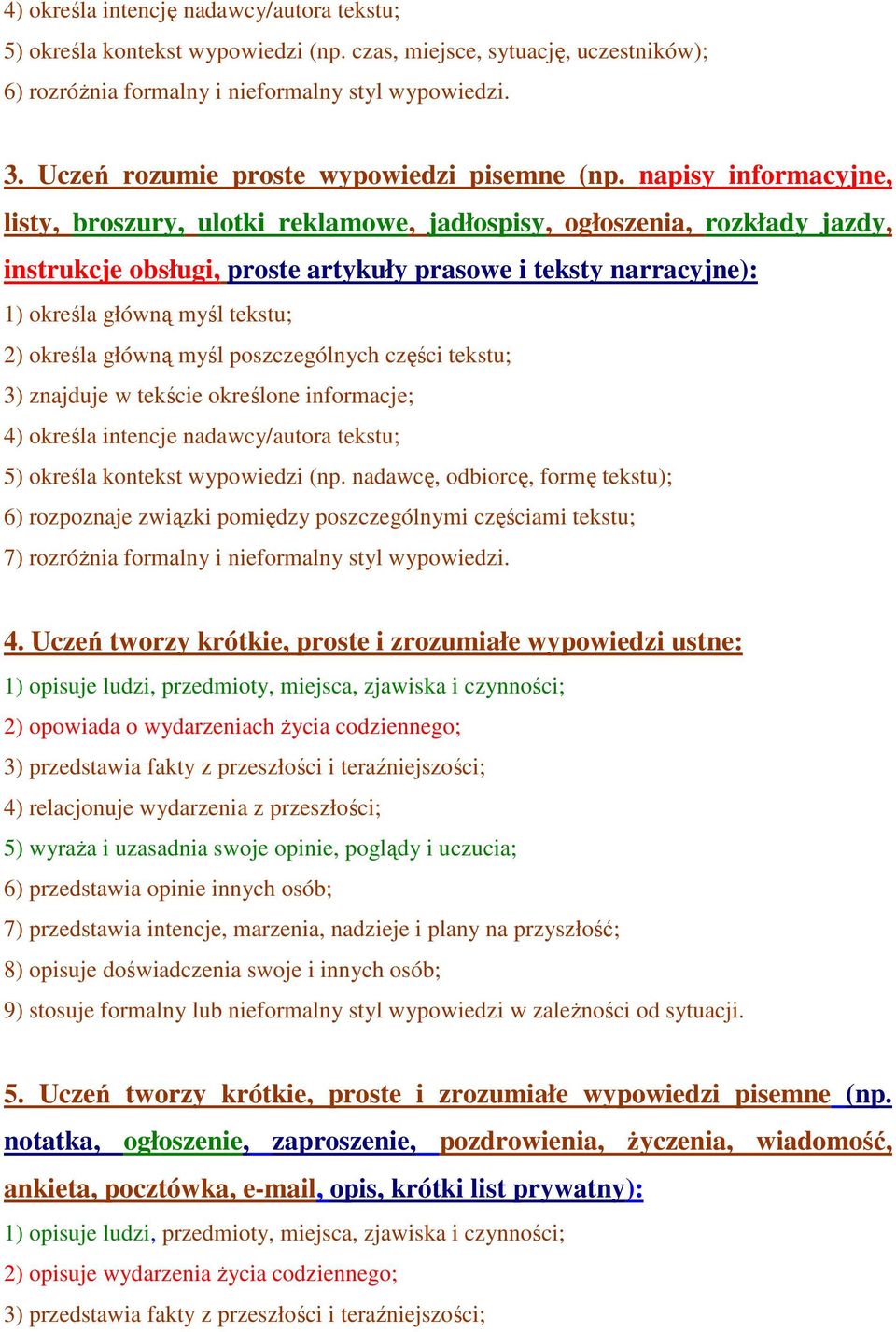 napisy informacyjne, listy, broszury, ulotki reklamowe, jadłospisy, ogłoszenia, rozkłady jazdy, instrukcje obsługi, proste artykuły prasowe i teksty narracyjne): 1) określa główną myśl tekstu; 2)