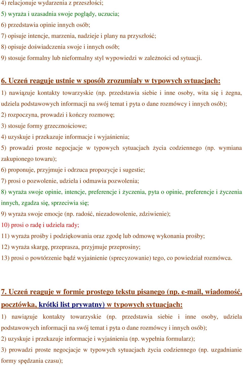 Uczeń reaguje ustnie w sposób zrozumiały w typowych sytuacjach: 1) nawiązuje kontakty towarzyskie (np.