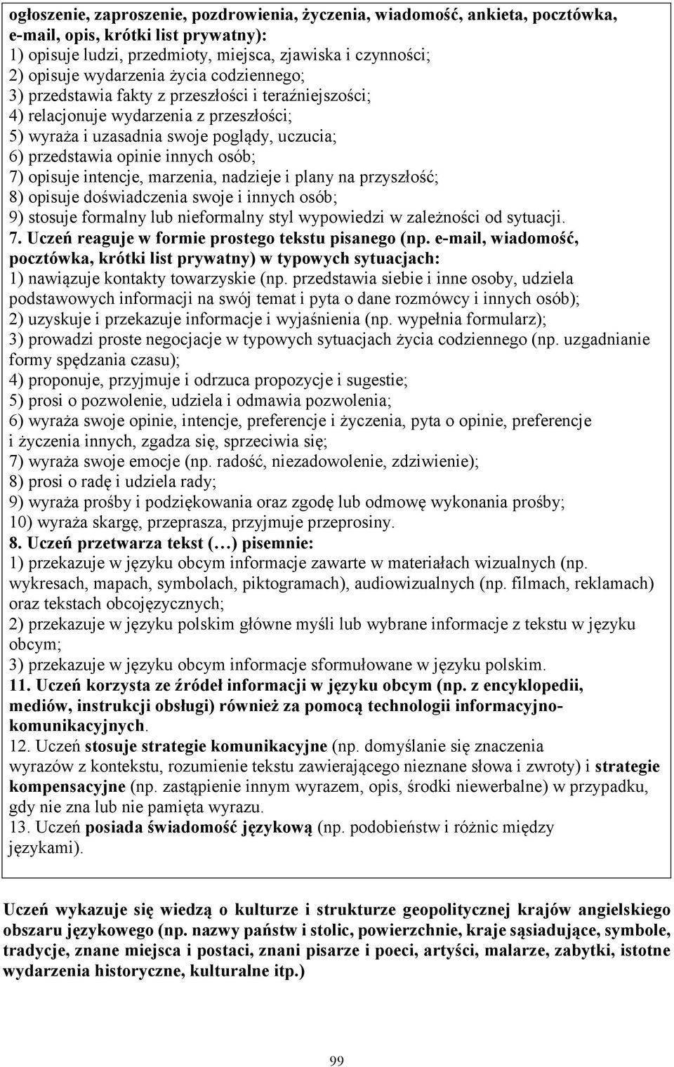 opisuje intencje, marzenia, nadzieje i plany na przyszłość; 8) opisuje doświadczenia swoje i innych osób; 9) stosuje formalny lub nieformalny styl wypowiedzi w zależności od sytuacji. 7.