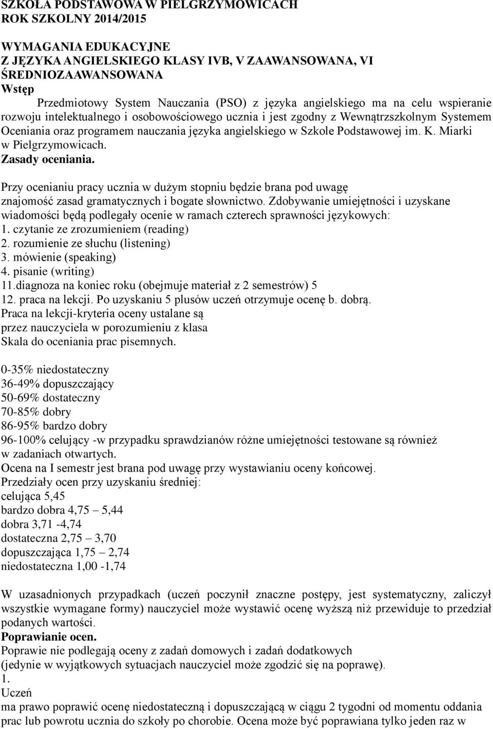 Podstawowej im. K. Miarki w Pielgrzymowicach. Zasady oceniania. Przy ocenianiu pracy ucznia w dużym stopniu będzie brana pod uwagę znajomość zasad gramatycznych i bogate słownictwo.