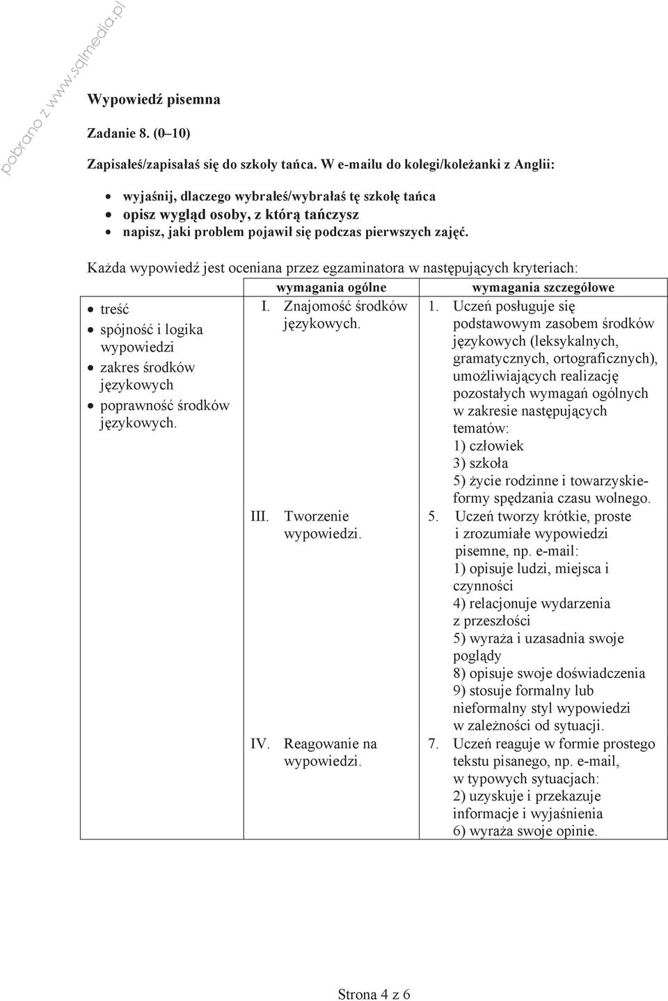 Ka da wypowied jest oceniana przez egzaminatora w nast puj cych kryteriach: wymagania ogólne wymagania szczegó owe I. Znajomo rodków j zykowych.