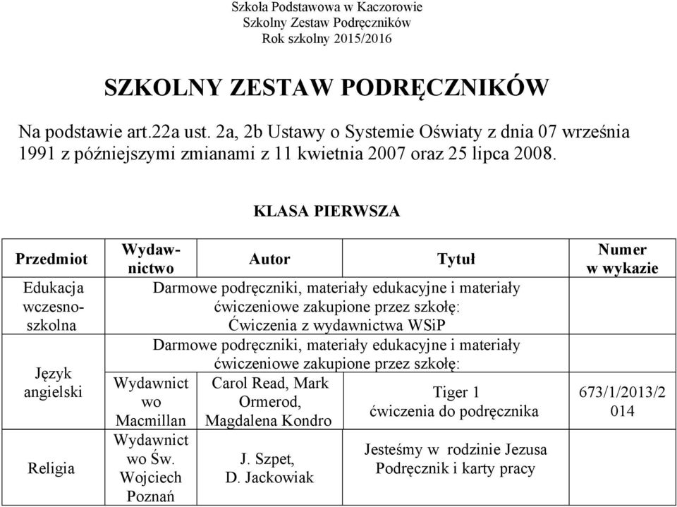 KLASA PIERWSZA Edukacja wczesnoszkolna ćwiczeniowe zakupione przez szkołę: Ćwiczenia z wydawnictwa WSiP ćwiczeniowe