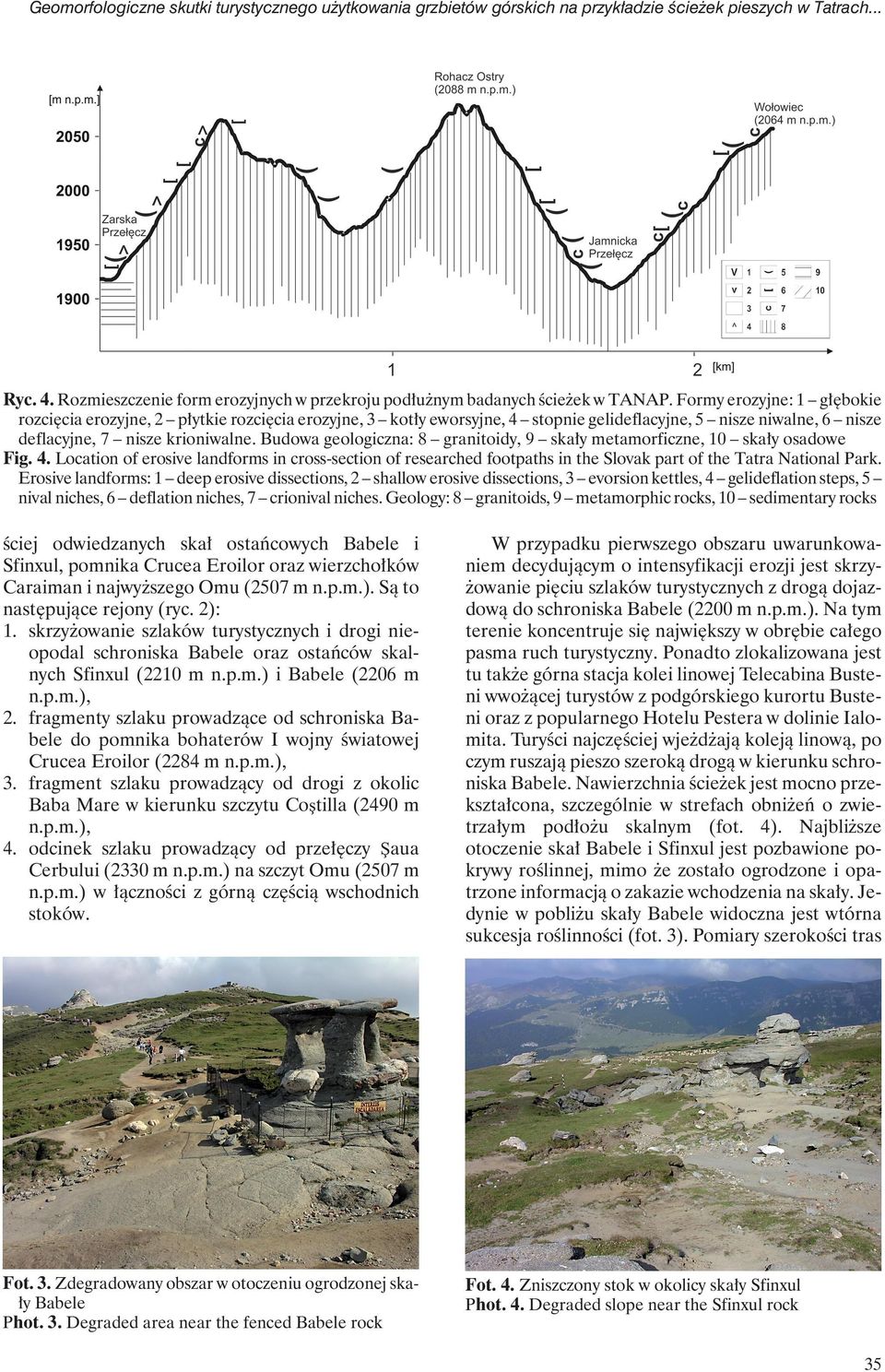 Budowa geologiczna: 8 granitoidy, 9 skały metamorficzne, 10 skały osadowe Fig. 4. Location of erosive landforms in cross-section of researched footpaths in the Slovak part of the Tatra National Park.