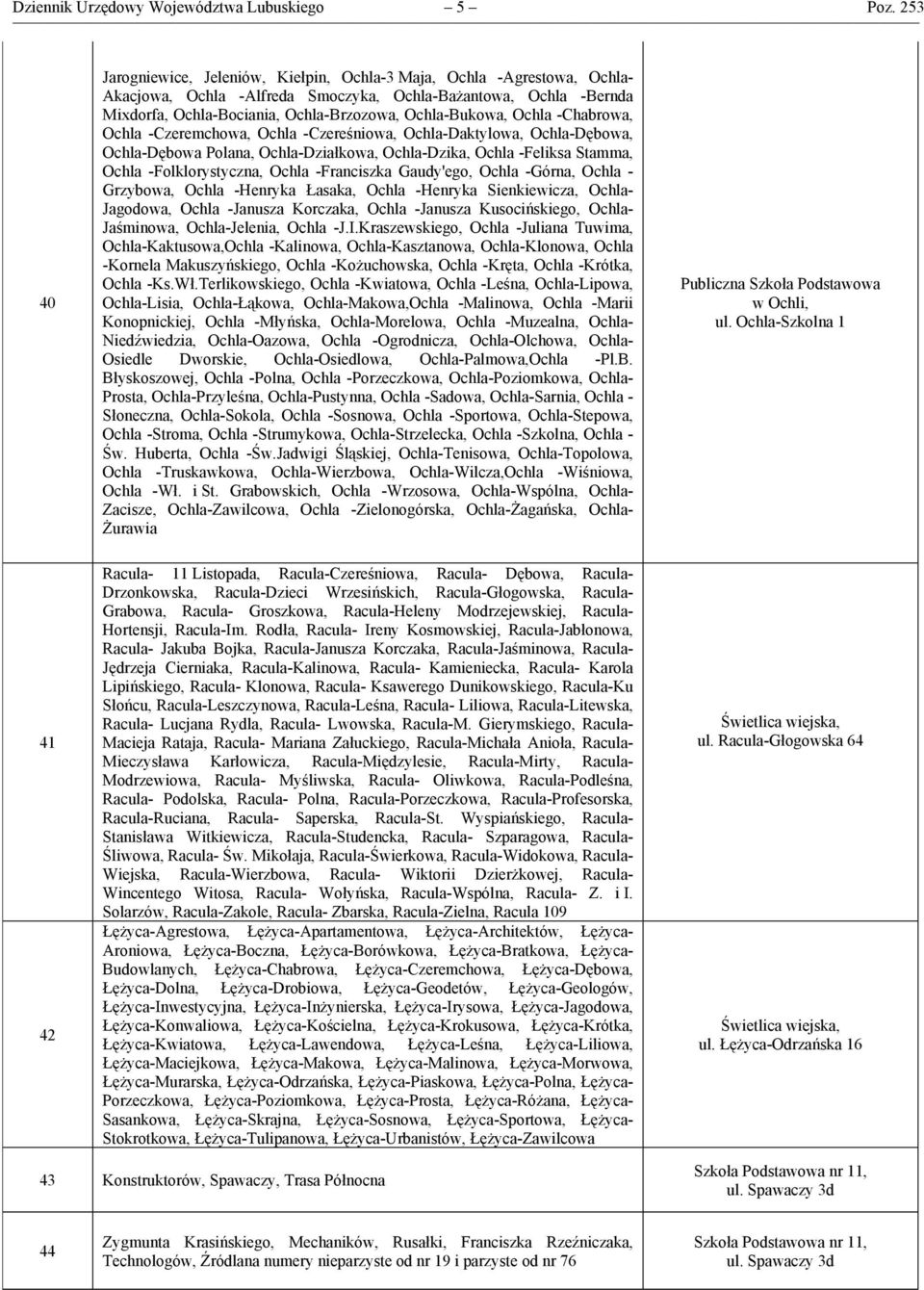 Ochla-Bukowa, Ochla -Chabrowa, Ochla -Czeremchowa, Ochla -Czereśniowa, Ochla-Daktylowa, Ochla-Dębowa, Ochla-Dębowa Polana, Ochla-Działkowa, Ochla-Dzika, Ochla -Feliksa Stamma, Ochla -Folklorystyczna,