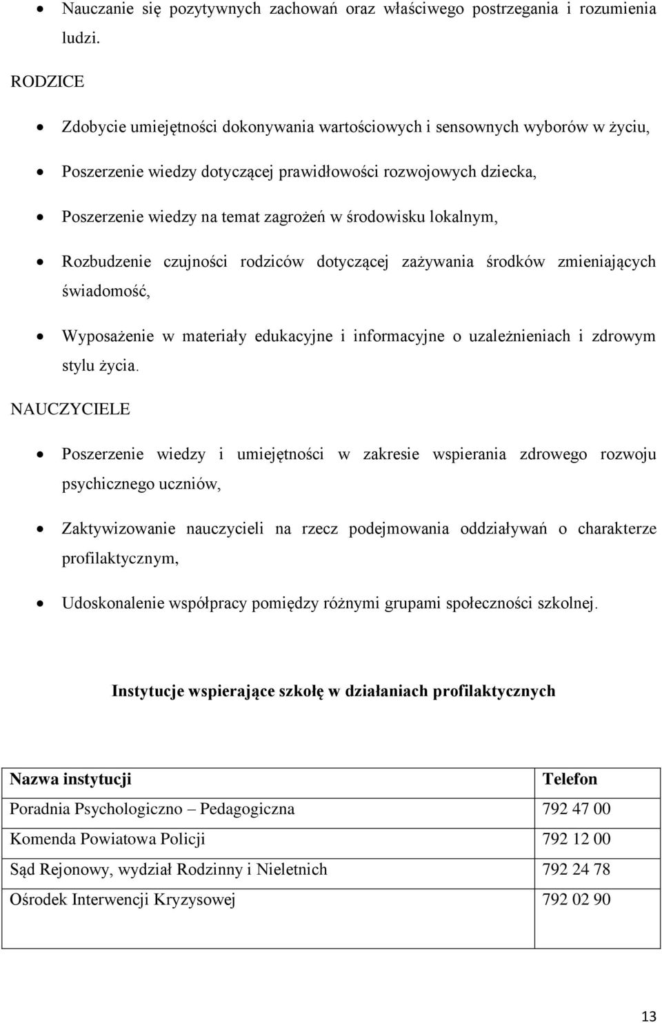 środowisku lokalnym, Rozbudzenie czujności rodziców dotyczącej zażywania środków zmieniających świadomość, Wyposażenie w materiały edukacyjne i informacyjne o uzależnieniach i zdrowym stylu życia.
