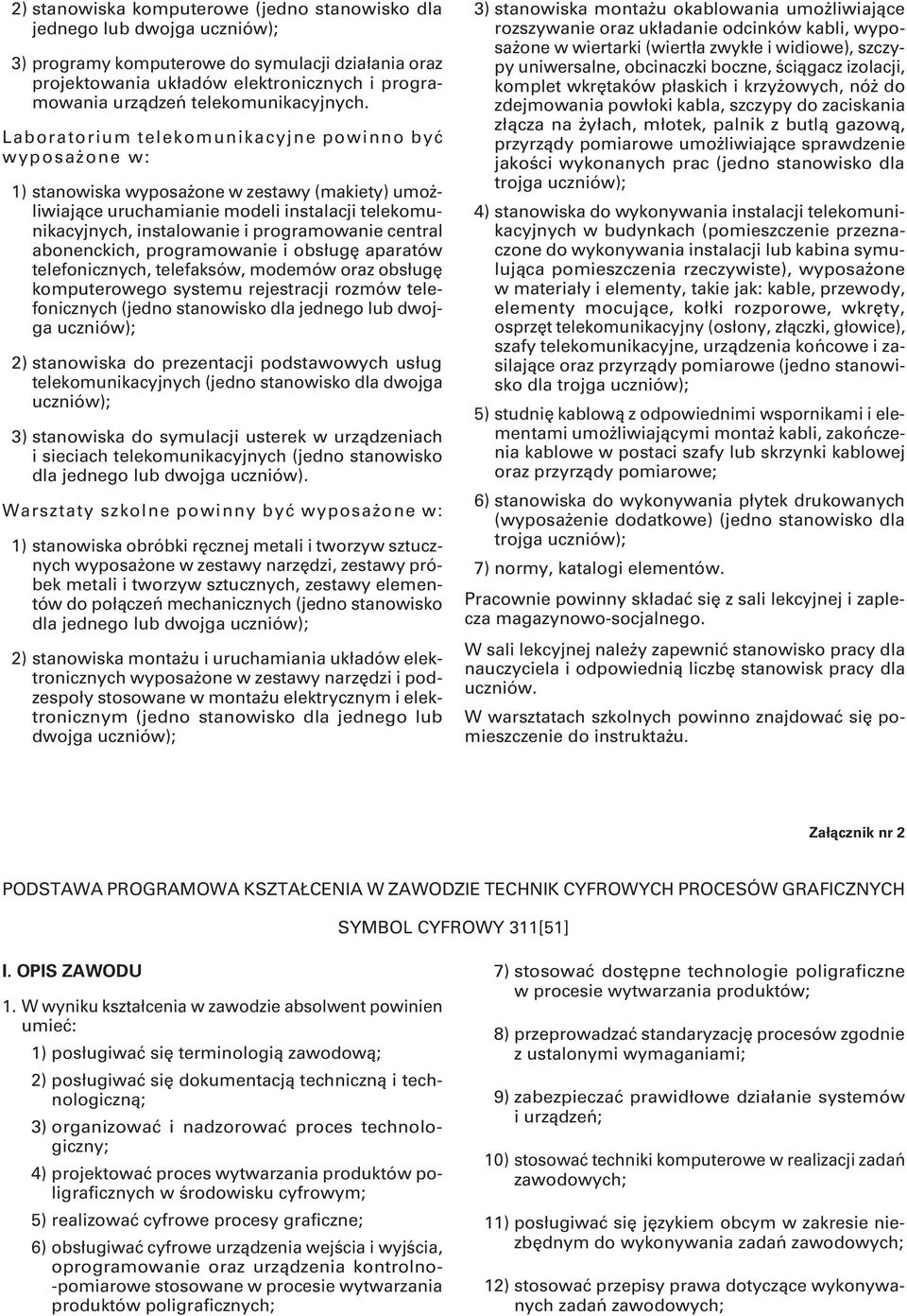 Laboratorium telekomunikacyjne powinno być wyposażone w: 1) stanowiska wyposażone w zestawy (makiety) umożliwiające uruchamianie modeli instalacji telekomunikacyjnych, instalowanie i programowanie