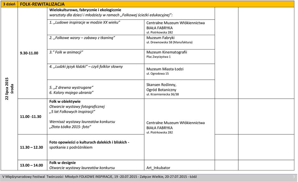 Folk w animacji Muzeum Kinematografii Plac Zwycięstwa 1 4. Ludzki język łódzki czyli folklor słowny Muzeum Miasta Łodzi ul. Ogrodowa 15 11.00-11.30 11.30 12.30 5. Z drewna wystrugane 6.