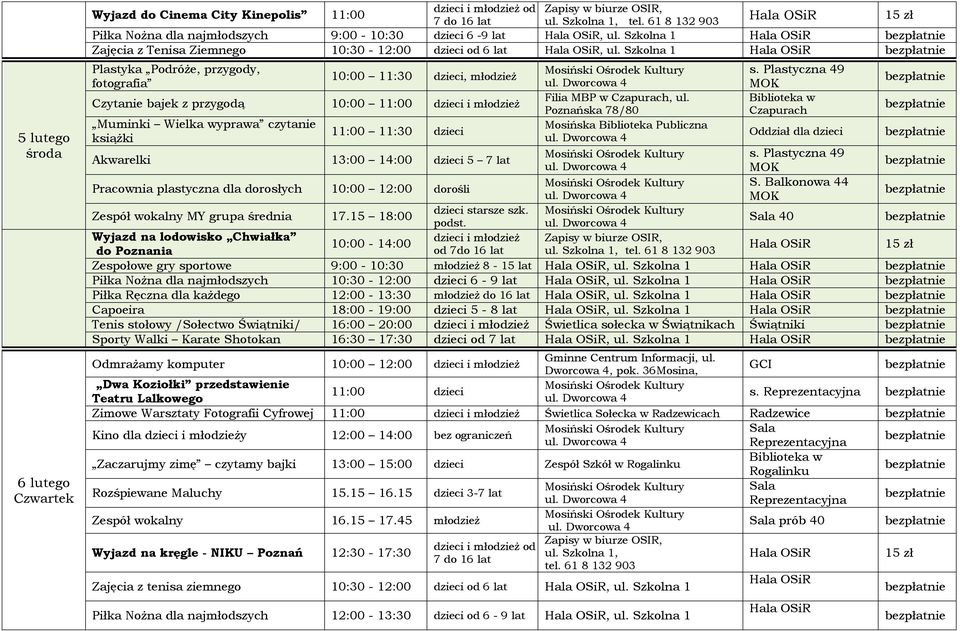 Szkolna 1 Plastyka Podróże, przygody, fotografia 10:00 11:30 dzieci, młodzież Czytanie bajek z przygodą 10:00 11:00 Muminki Wielka wyprawa czytanie książki 11:00 11:30 dzieci Akwarelki 13:00 14:00