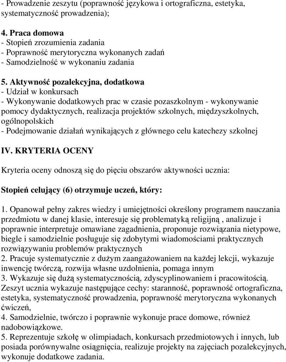 Aktywność pozalekcyjna, dodatkowa - Udział w konkursach - Wykonywanie dodatkowych prac w czasie pozaszkolnym - wykonywanie pomocy dydaktycznych, realizacja projektów szkolnych, międzyszkolnych,