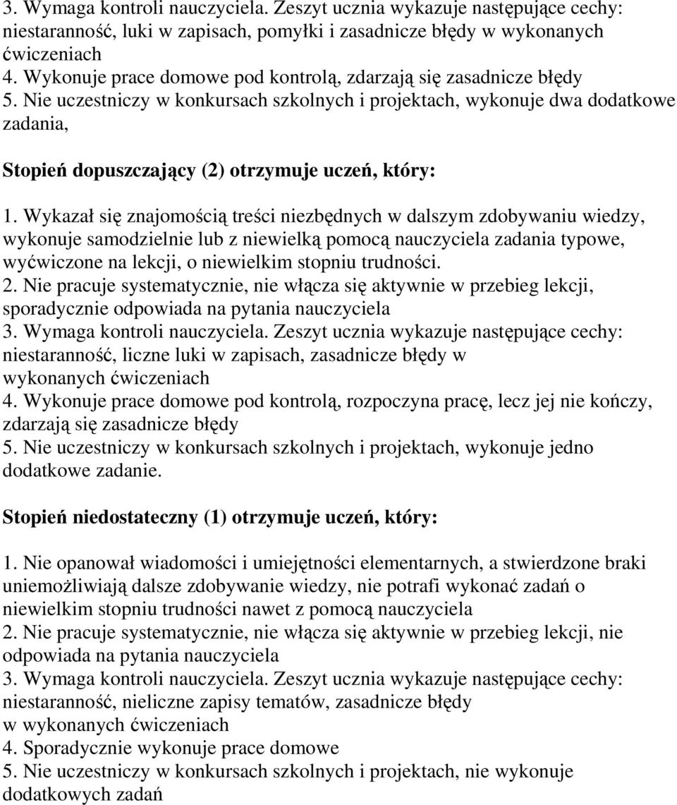 Nie uczestniczy w konkursach szkolnych i projektach, wykonuje dwa dodatkowe zadania, Stopień dopuszczający (2) otrzymuje uczeń, który: 1.