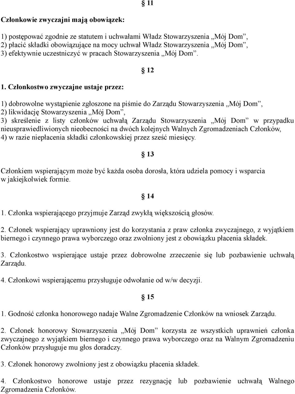 Członkostwo zwyczajne ustaje przez: 12 1) dobrowolne wystąpienie zgłoszone na piśmie do Zarządu Stowarzyszenia Mój Dom, 2) likwidację Stowarzyszenia Mój Dom, 3) skreślenie z listy członków uchwałą