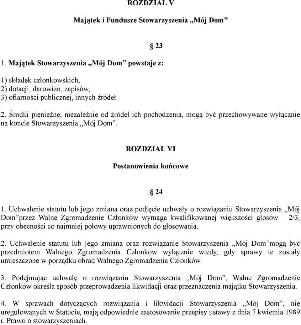 Uchwalenie statutu lub jego zmiana oraz podjęcie uchwały o rozwiązaniu Stowarzyszenia Mój Dom przez Walne Zgromadzenie Członków wymaga kwalifikowanej większości głosów 2/3, przy obecności co najmniej