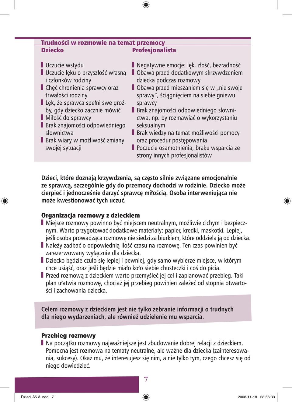 dodatkowym skrzywdzeniem dziecka podczas rozmowy Obawa przed mieszaniem się w nie swoje sprawy, ściągnięciem na siebie gniewu sprawcy Brak znajomości odpowiedniego słownictwa, np.