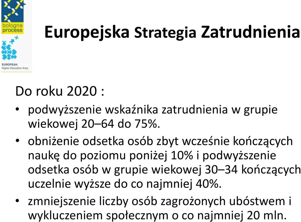 obniżenie odsetka osób zbyt wcześnie kończących naukę do poziomu poniżej 10% i podwyższenie