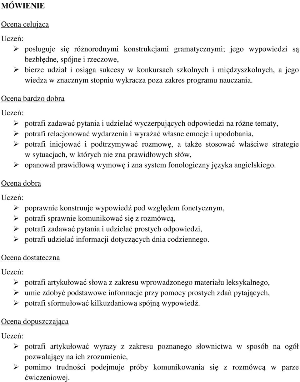 potrafi zadawać pytania i udzielać wyczerpujących odpowiedzi na różne tematy, potrafi relacjonować wydarzenia i wyrażać własne emocje i upodobania, potrafi inicjować i podtrzymywać rozmowę, a także