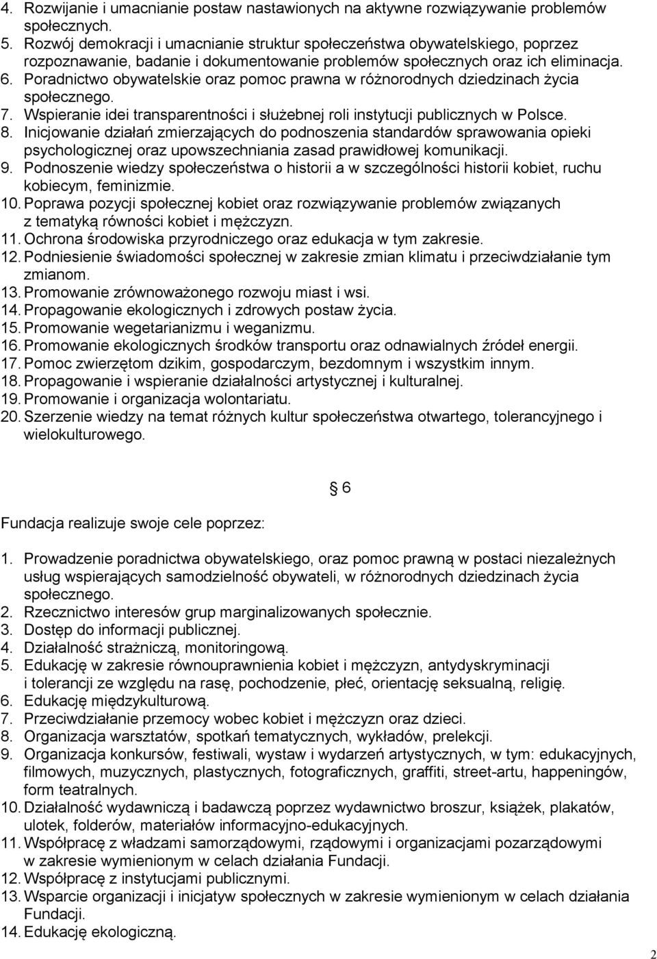 Poradnictwo obywatelskie oraz pomoc prawna w różnorodnych dziedzinach życia społecznego. 7. Wspieranie idei transparentności i służebnej roli instytucji publicznych w Polsce. 8.