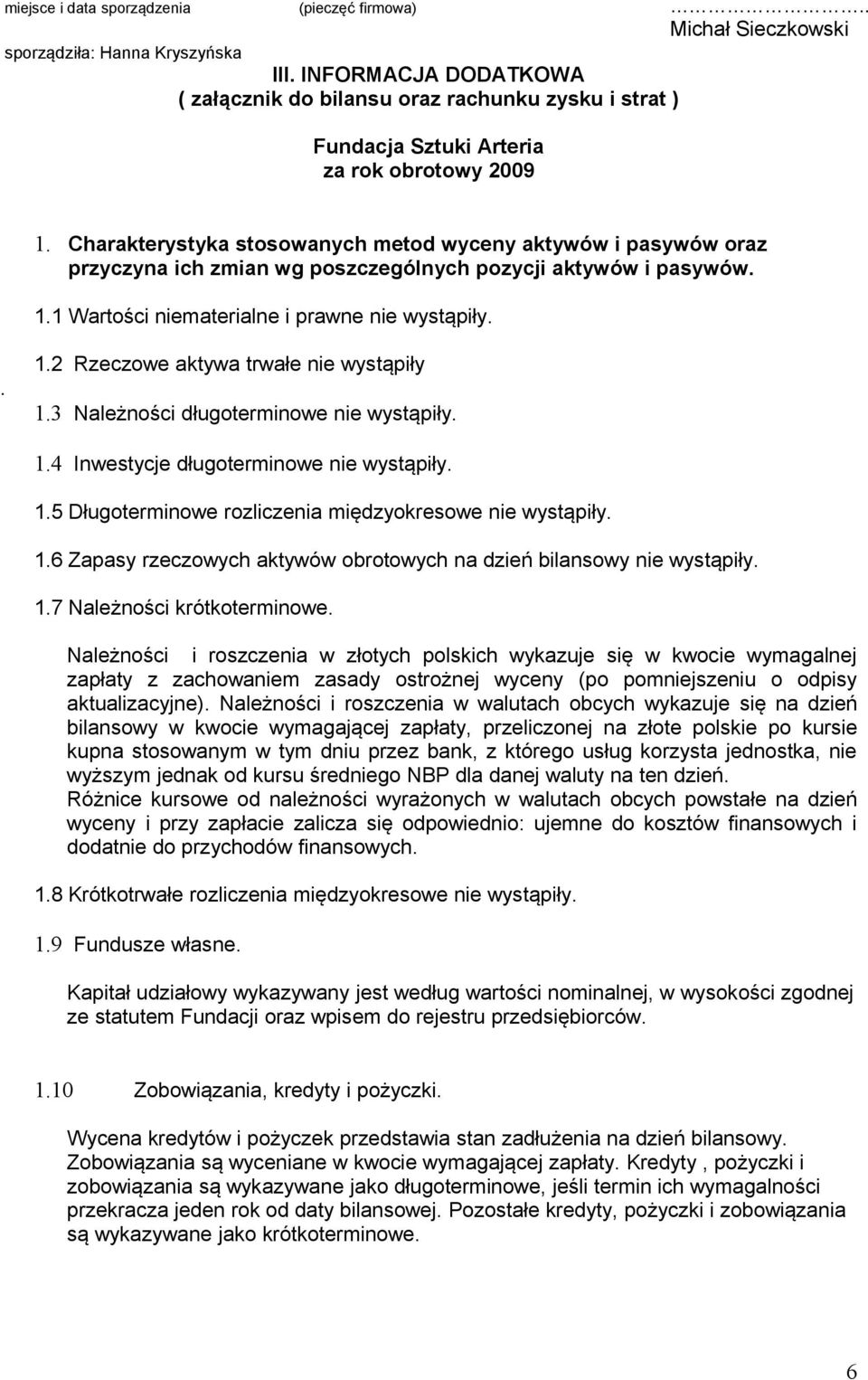 Charakterystyka stosowanych metod wyceny aktywów i pasywów oraz przyczyna ich zmian wg poszczególnych pozycji aktywów i pasywów. 1.1 Wartości niematerialne i prawne nie wystąpiły.. 1.2 Rzeczowe aktywa trwałe nie wystąpiły 1.