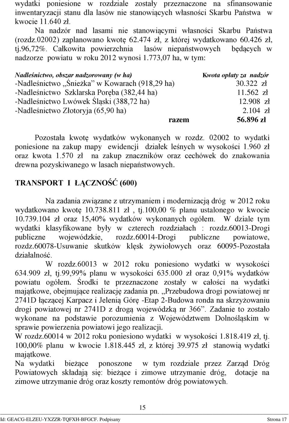 Całkowita powierzchnia lasów niepaństwowych będących w nadzorze powiatu w roku 2012 wynosi 1.