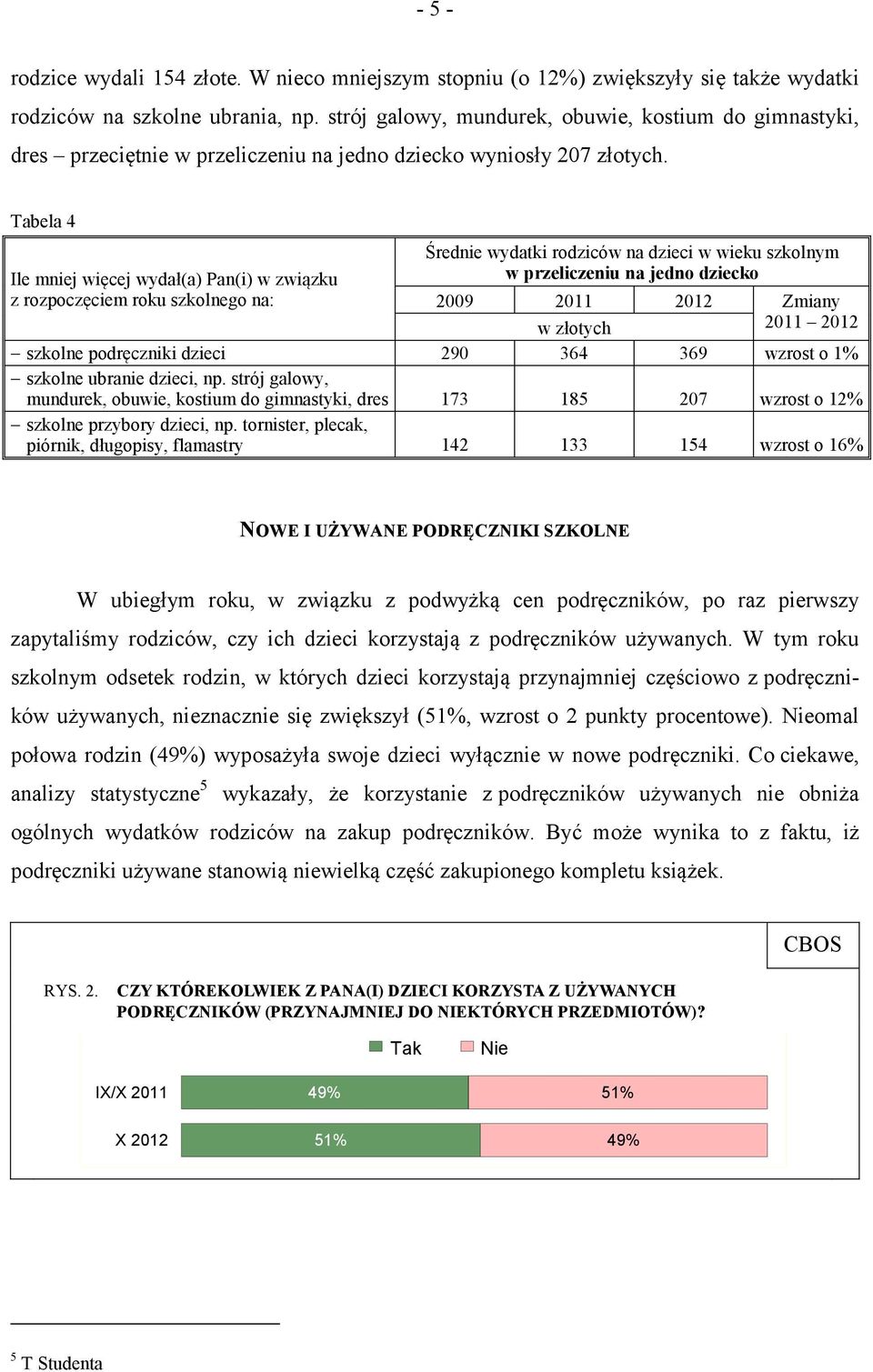Tabela 4 Ile mniej więcej wydał(a) Pan(i) w związku z rozpoczęciem roku szkolnego na: Średnie wydatki rodziców na dzieci w wieku szkolnym w przeliczeniu na jedno dziecko 2009 2011 2012 Zmiany w