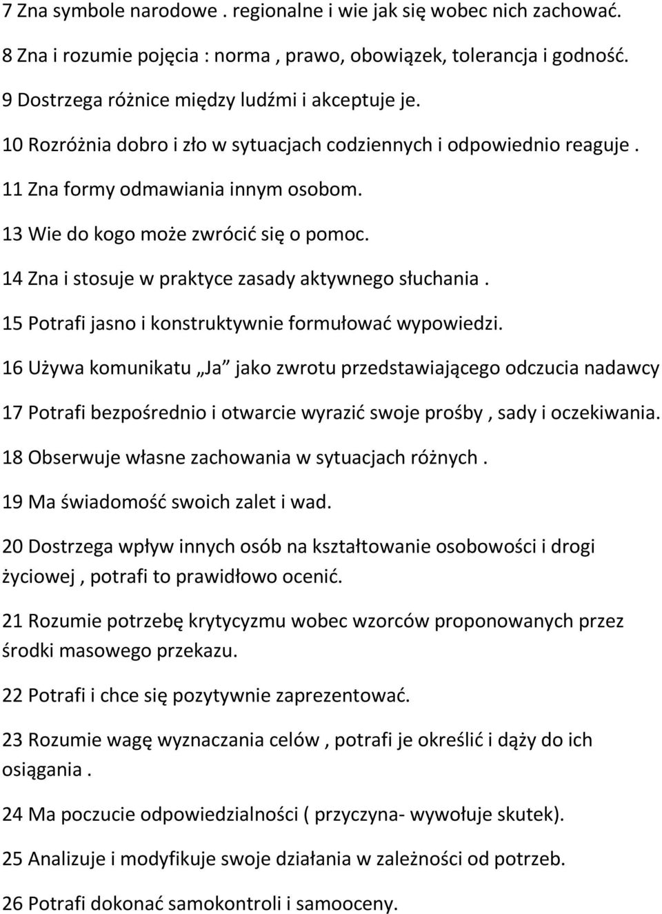 14 Zna i stosuje w praktyce zasady aktywnego słuchania. 15 Potrafi jasno i konstruktywnie formułować wypowiedzi.