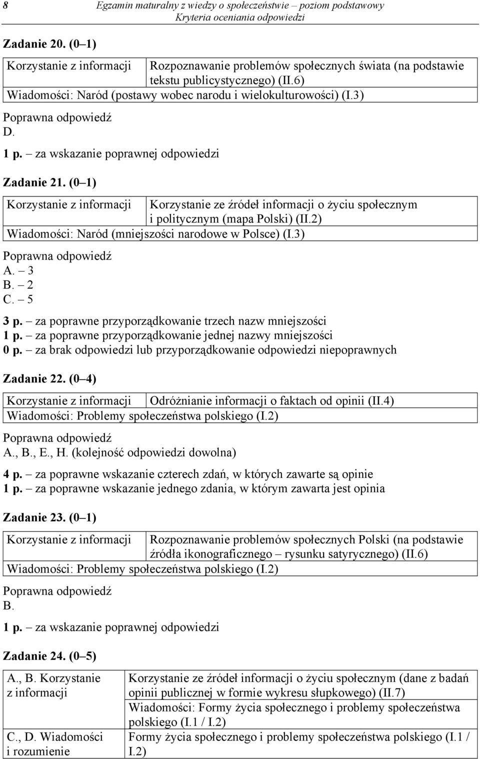 (0 1) Korzystanie z informacji Korzystanie ze źródeł informacji o życiu społecznym i politycznym (mapa Polski) (II.2) Wiadomości: Naród (mniejszości narodowe w Polsce) (I.3) A. 3 B. 2 C. 5 3 p.