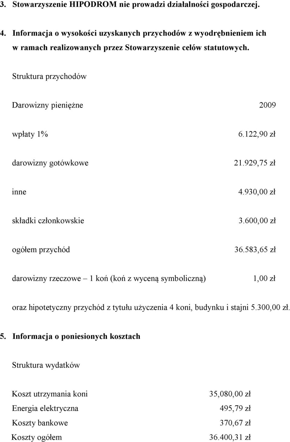 Struktura przychodów Darowizny pieniężne 2009 wpłaty 1% 6.122,90 zł darowizny gotówkowe 21.929,75 zł inne 4.930,00 zł składki członkowskie 3.600,00 zł ogółem przychód 36.