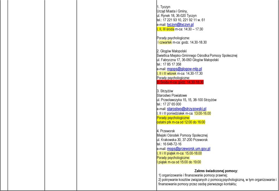Fabryczna 17, 36-060 Głogów Małopolski tel.: 17 85 17 358 e-mail: mgops@glogow-mlp.pl I, II i III wtorek m-ca: 14.30-17.30 Porady psychologiczne: III Środa m-ca: godz. 14.30-18.30 3.