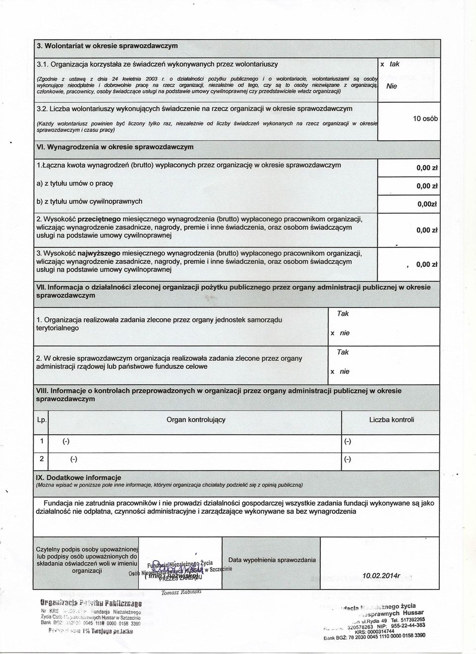 organizacji) 32 Liczba wolontariuszy wykonujących (Każdy wolontariusz powin być i czasu pracy) VI Wynagrodzenia liczony 1Łączna kwota wynagrodzeń tylko świadcze raz, są osob\ organizacją Nie na rzecz