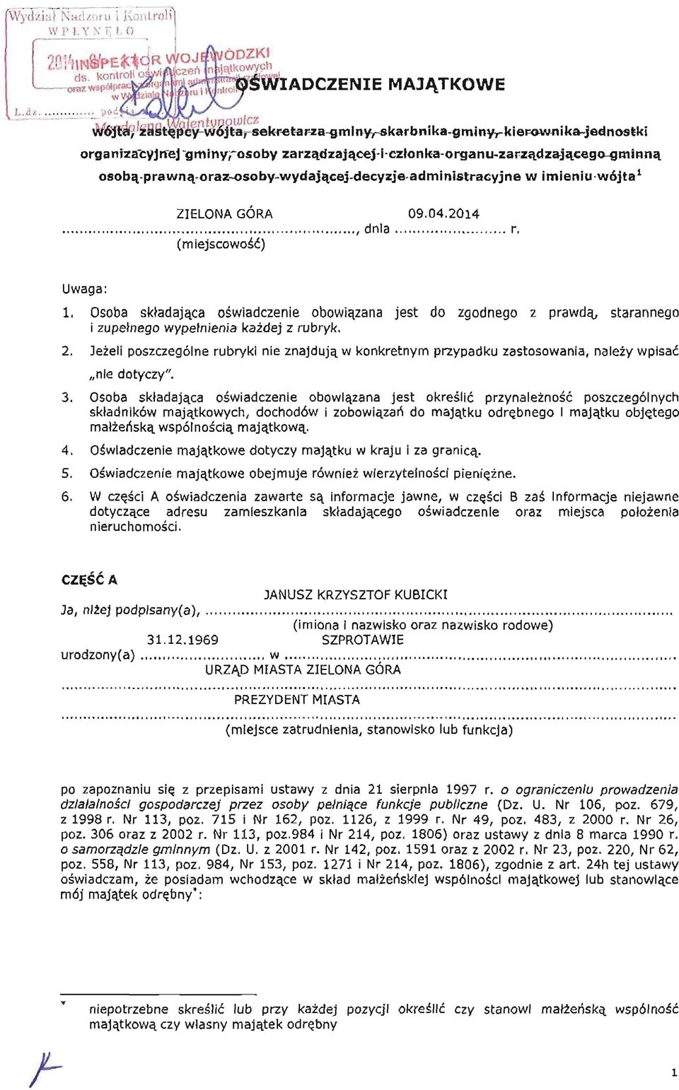 decyzje administracyjne w imieniu wójta 1 ZIELONA GÓRA 09.04.2014,, dnia r. (miejscowość) Uwaga: 1.